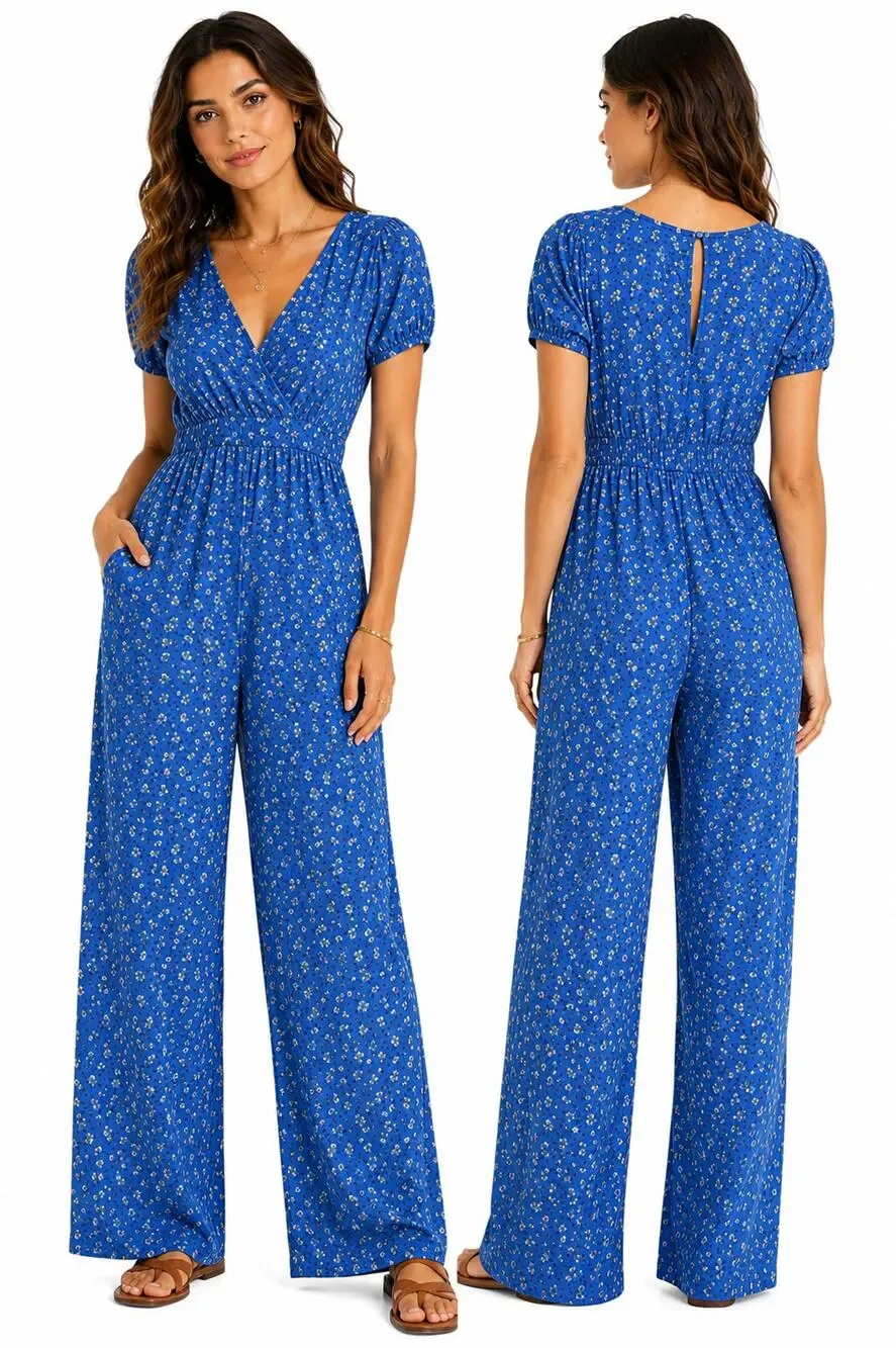 Free People Blue Floral Print Wide Leg Jumpsuit Women's Boho V Neck Size 0